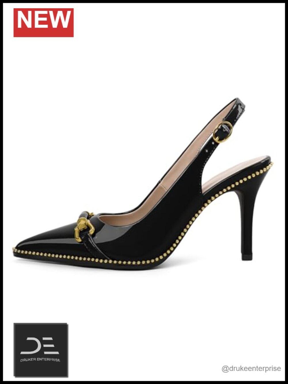 Women's Pointed Toe Stiletto Slingback Heels with Gold Beaded Buckle Detail - Picture 6 of 6